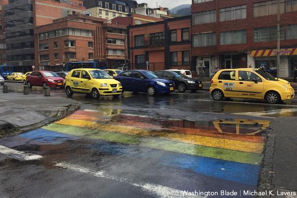 A rainbow crosswalk at an intersection in the Chapinero neighborhood of Bogotá, Colombia. (Washington Blade photo by Michael K. Lavers)